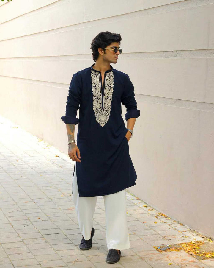 Men's BLUE kurta set with Sequins Embroidery