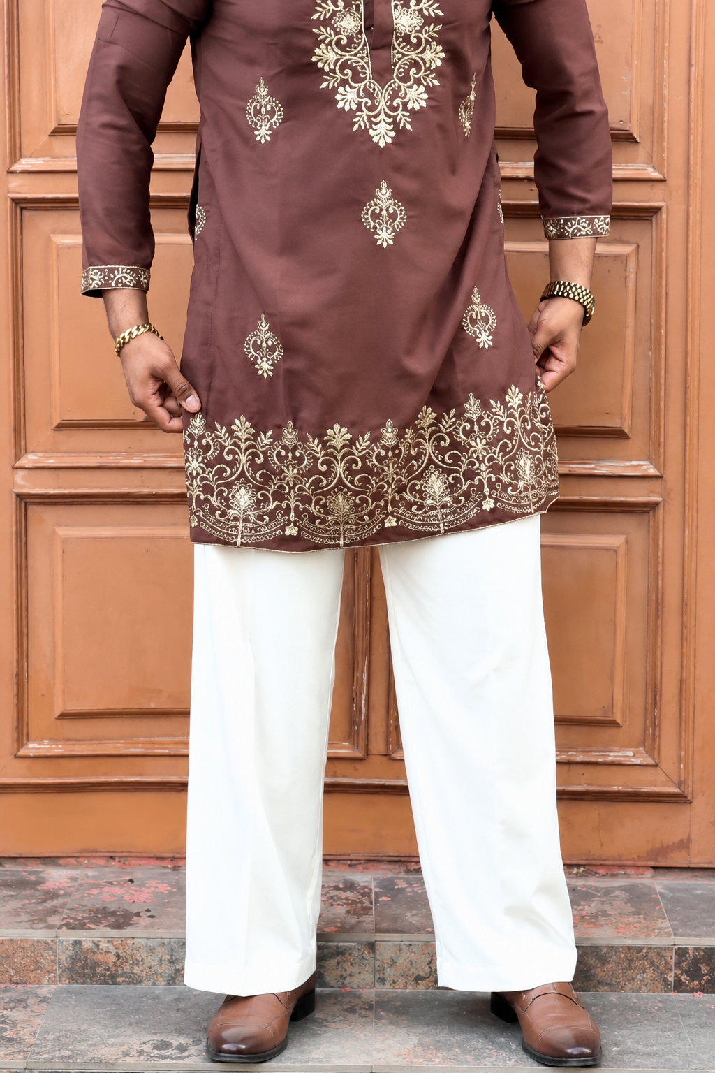 Men's Coffee kurta set with V-Neck Thread Work Embroidery