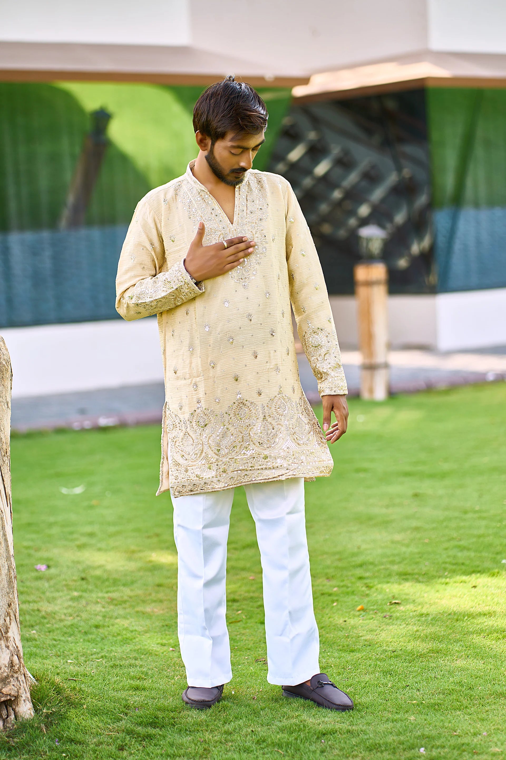 Cream Heavy Embroidered Kurta Pajama for Men | Wedding Wear