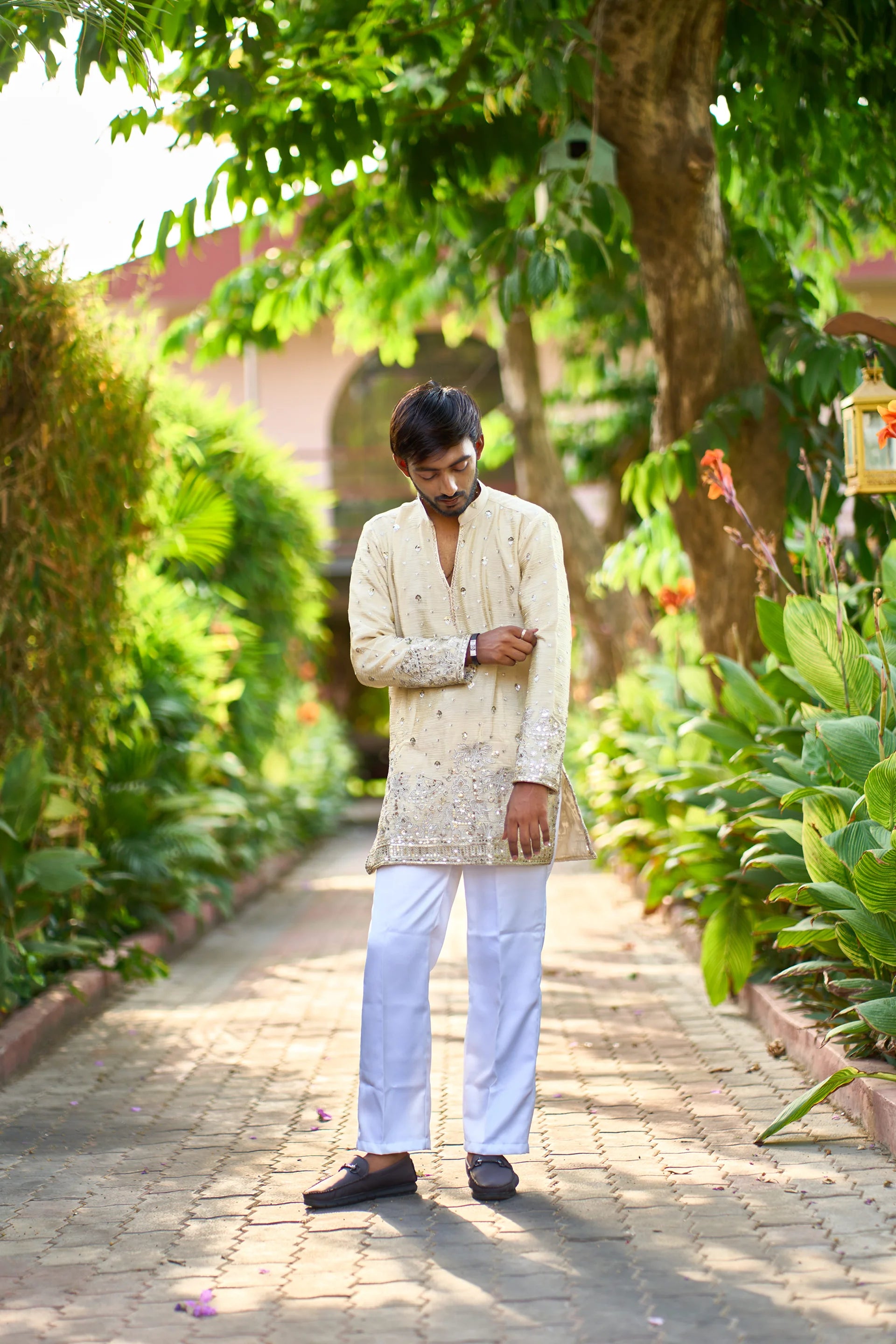 Men's Beige Embroidered Kurta Pajama for Wedding & Festive Wear