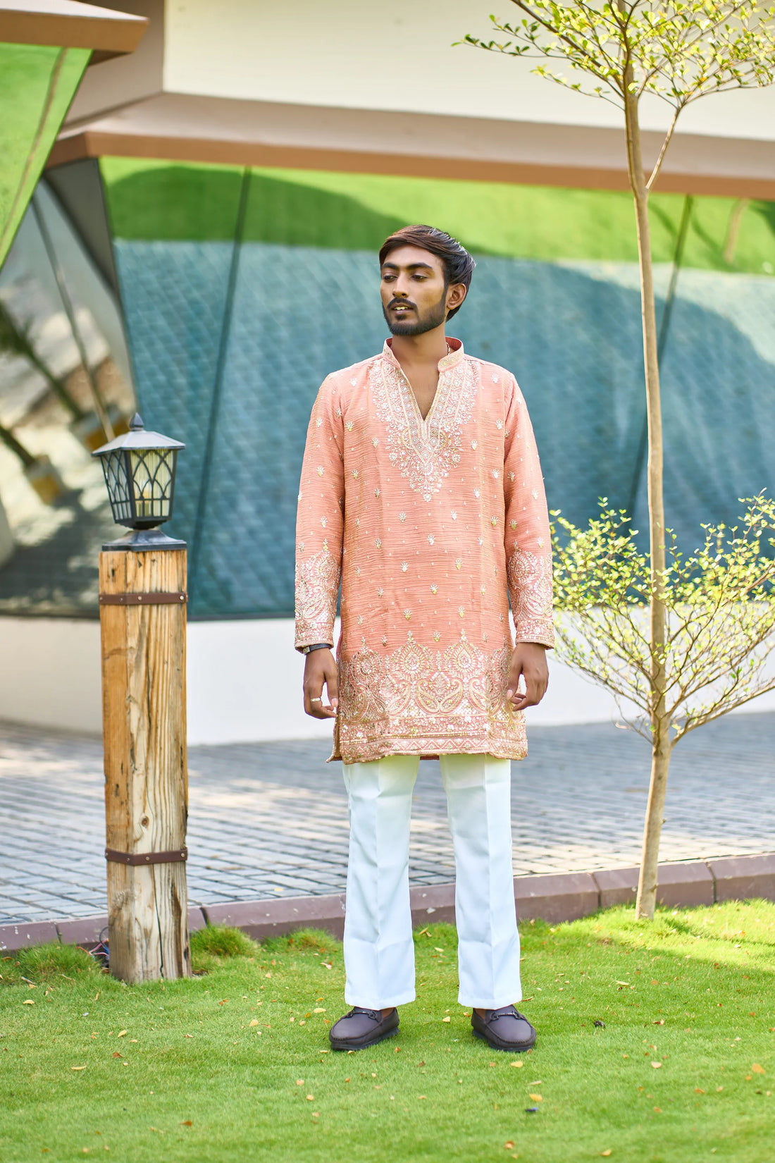 Peach Heavy Embroidered Kurta Pajama for Men | Wedding Wear