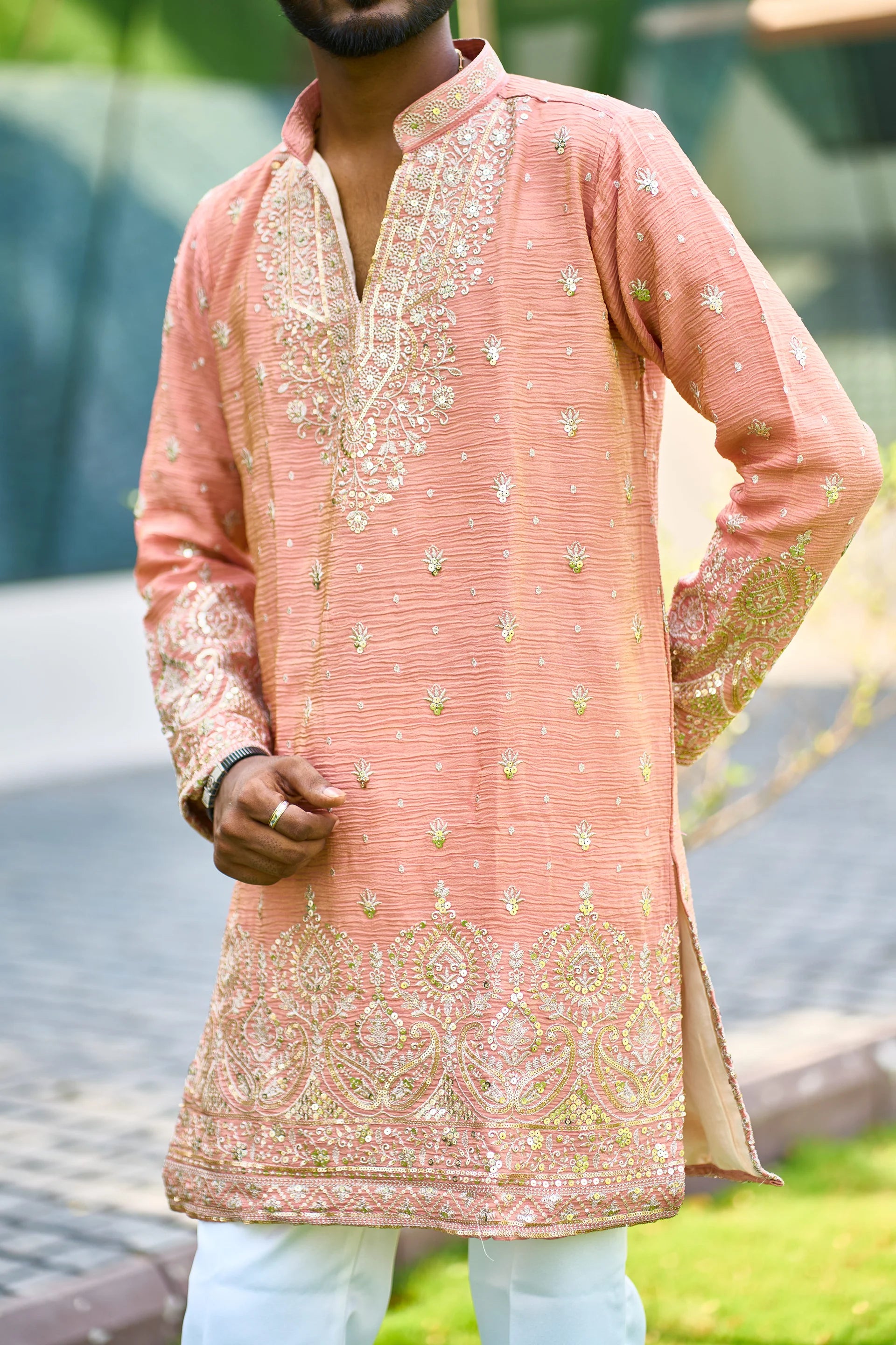 Peach Heavy Embroidered Kurta Pajama for Men | Wedding Wear