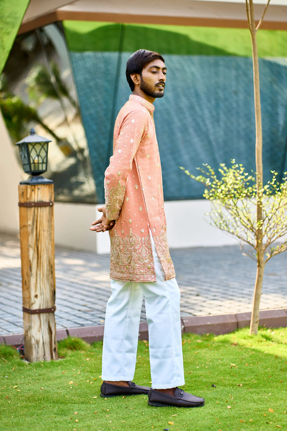 Peach Heavy Embroidered Kurta Pajama for Men | Wedding Wear