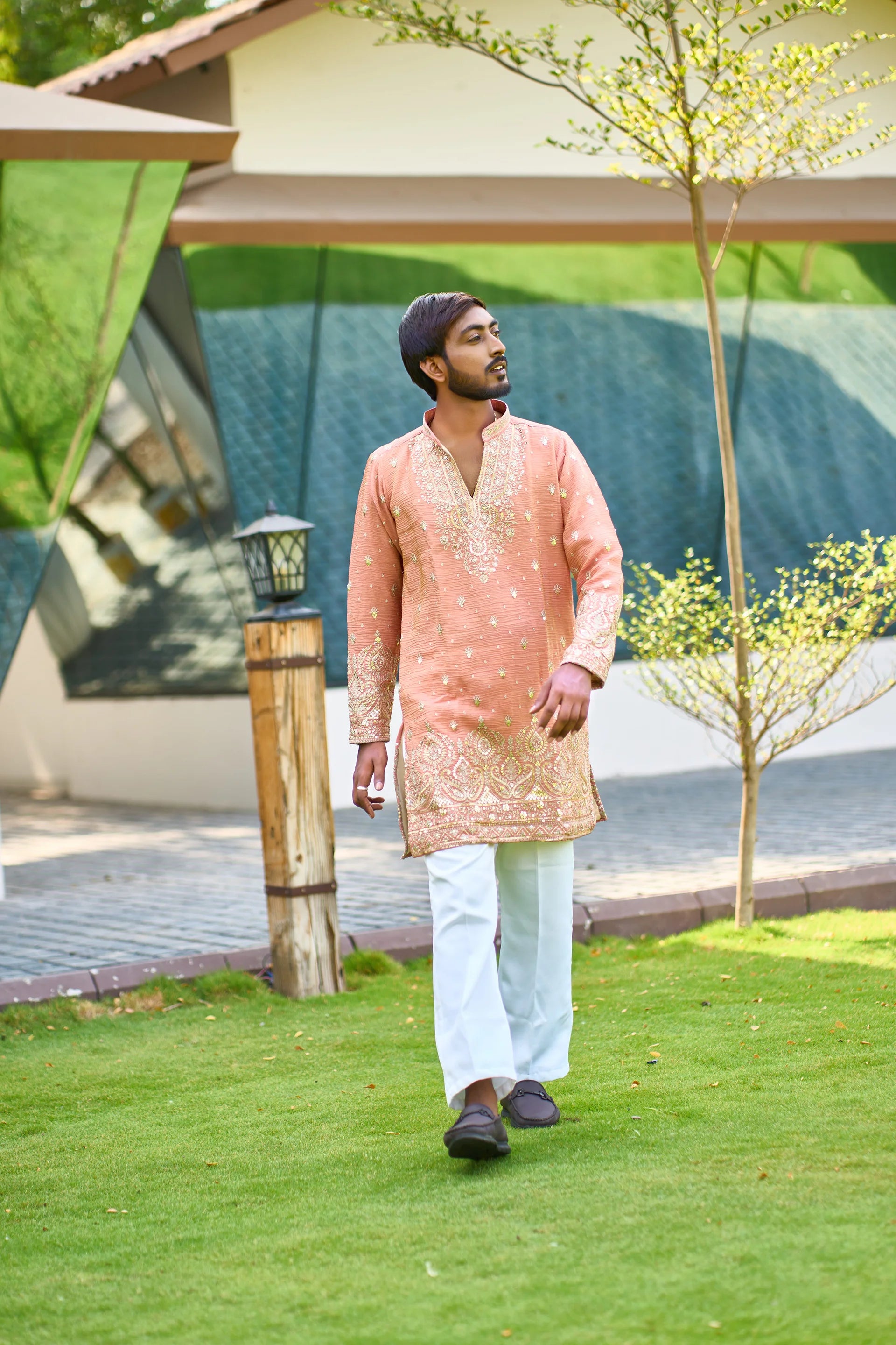 Peach Heavy Embroidered Kurta Pajama for Men | Wedding Wear