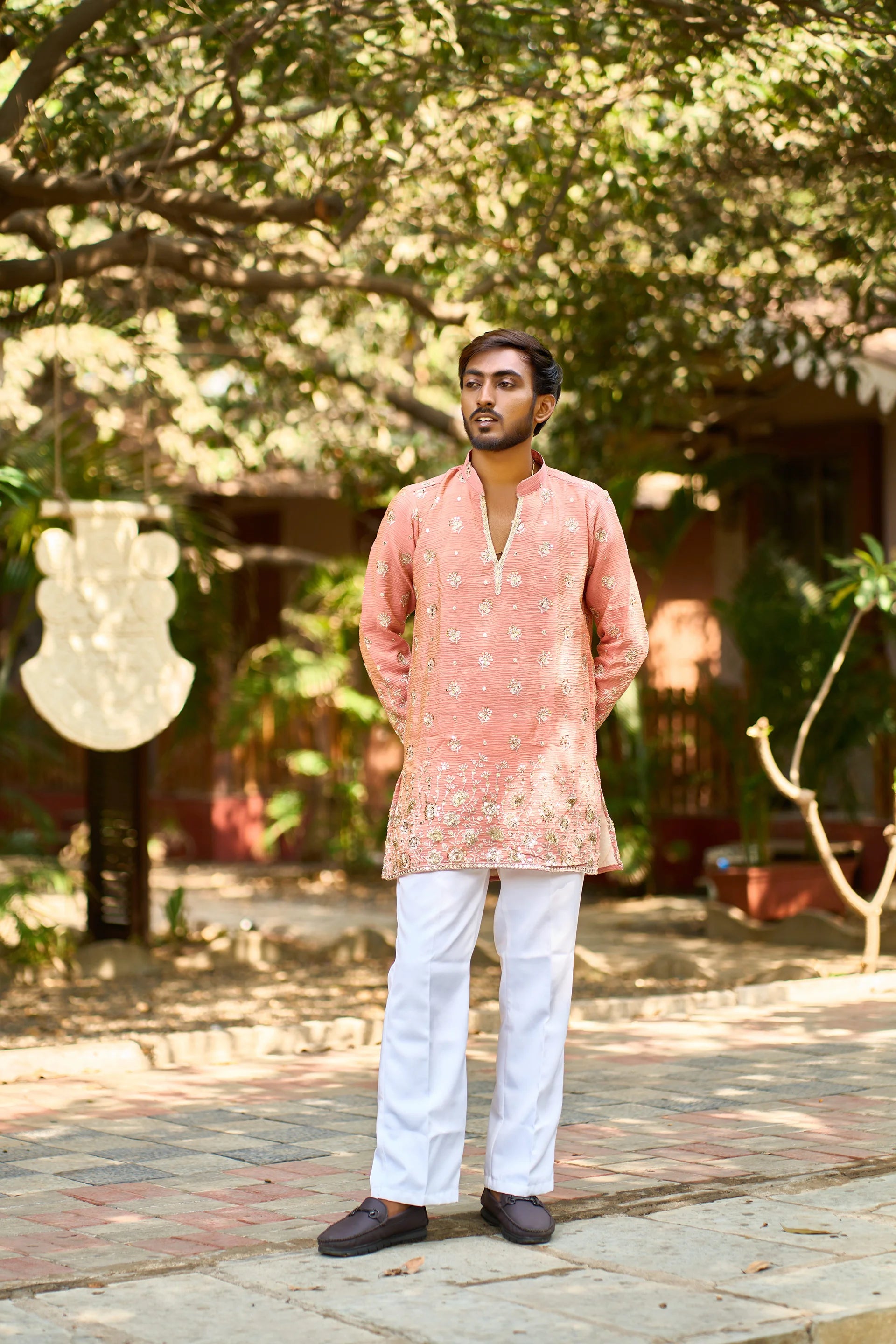 Men's Peach Embroidered Kurta Pajama for Wedding & Festive Wear