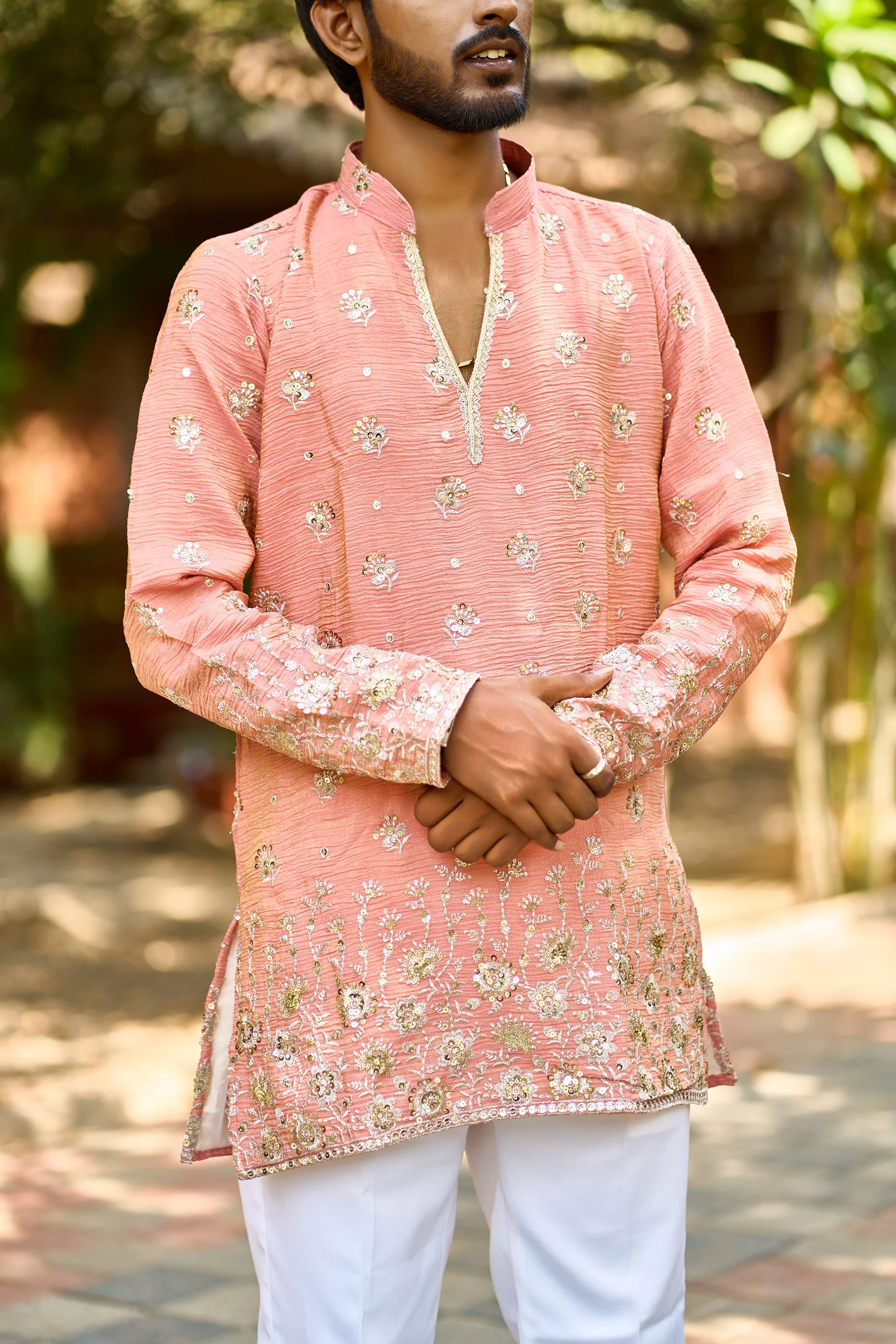 Men's Peach Embroidered Kurta Pajama for Wedding & Festive Wear