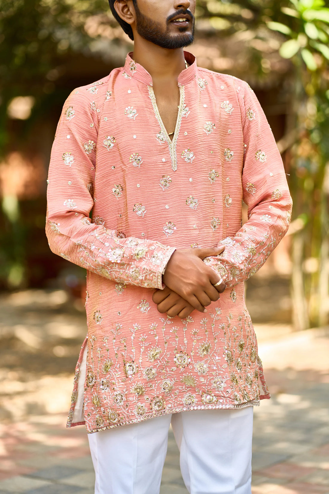 Men's Peach Embroidered Kurta Pajama for Wedding & Festive Wear