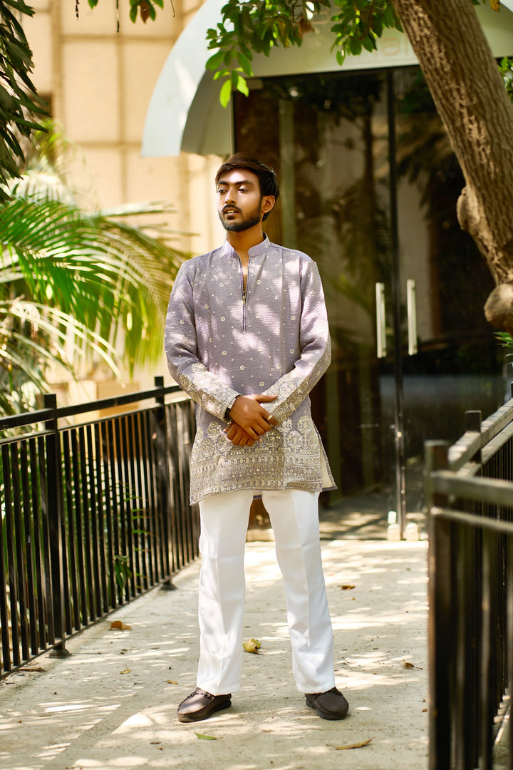 Purple Embroidered Zip Neck Kurta Pajama for Men