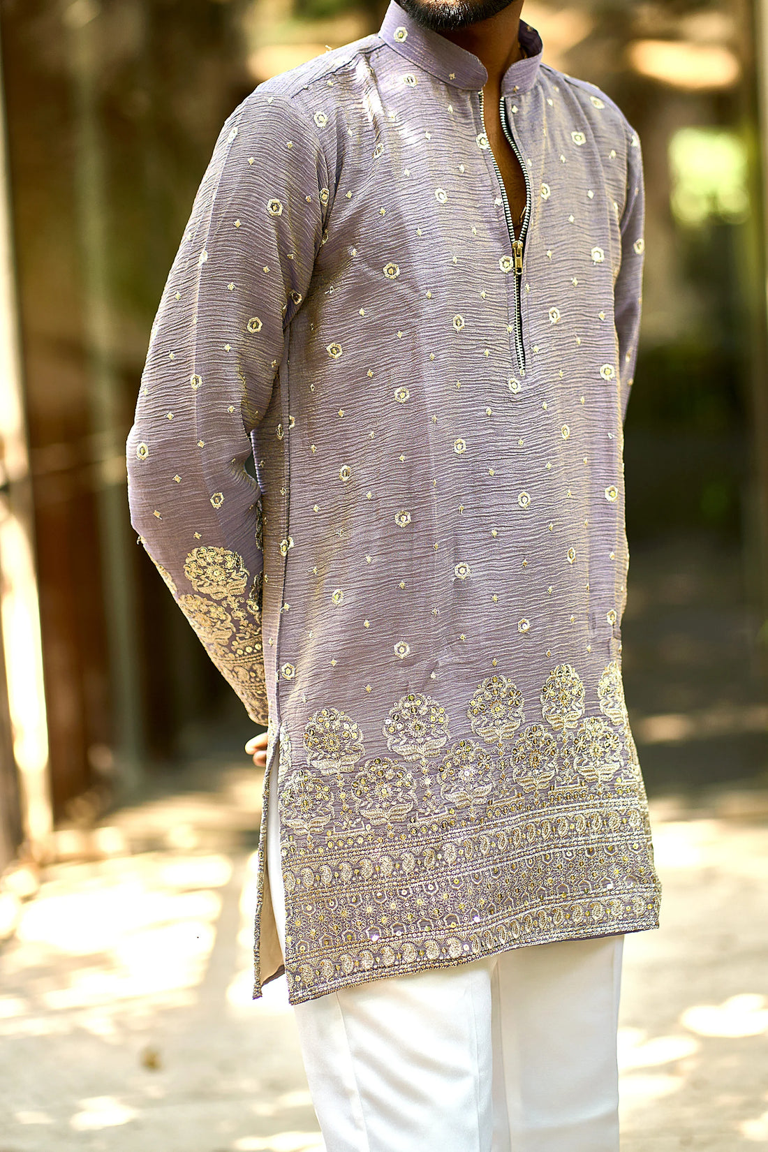 Purple Embroidered Zip Neck Kurta Pajama for Men