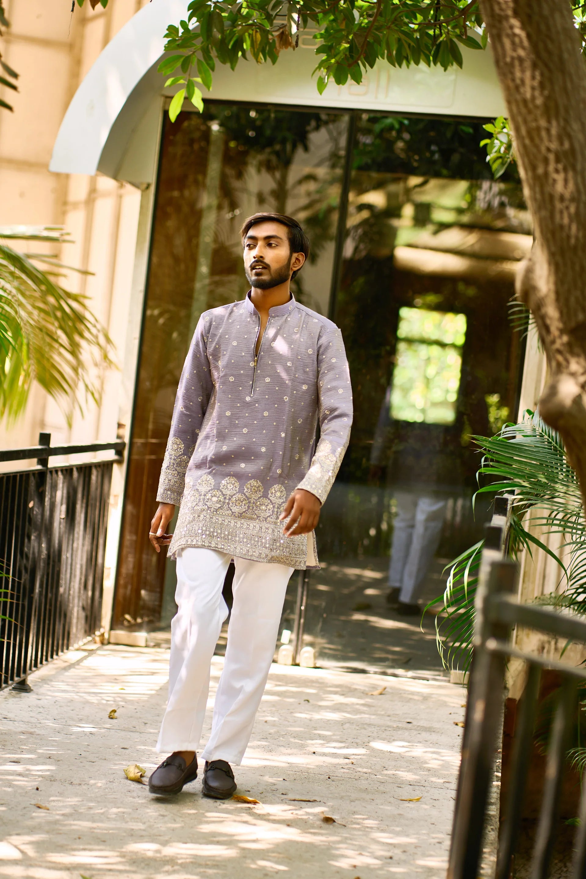 Purple Embroidered Zip Neck Kurta Pajama for Men
