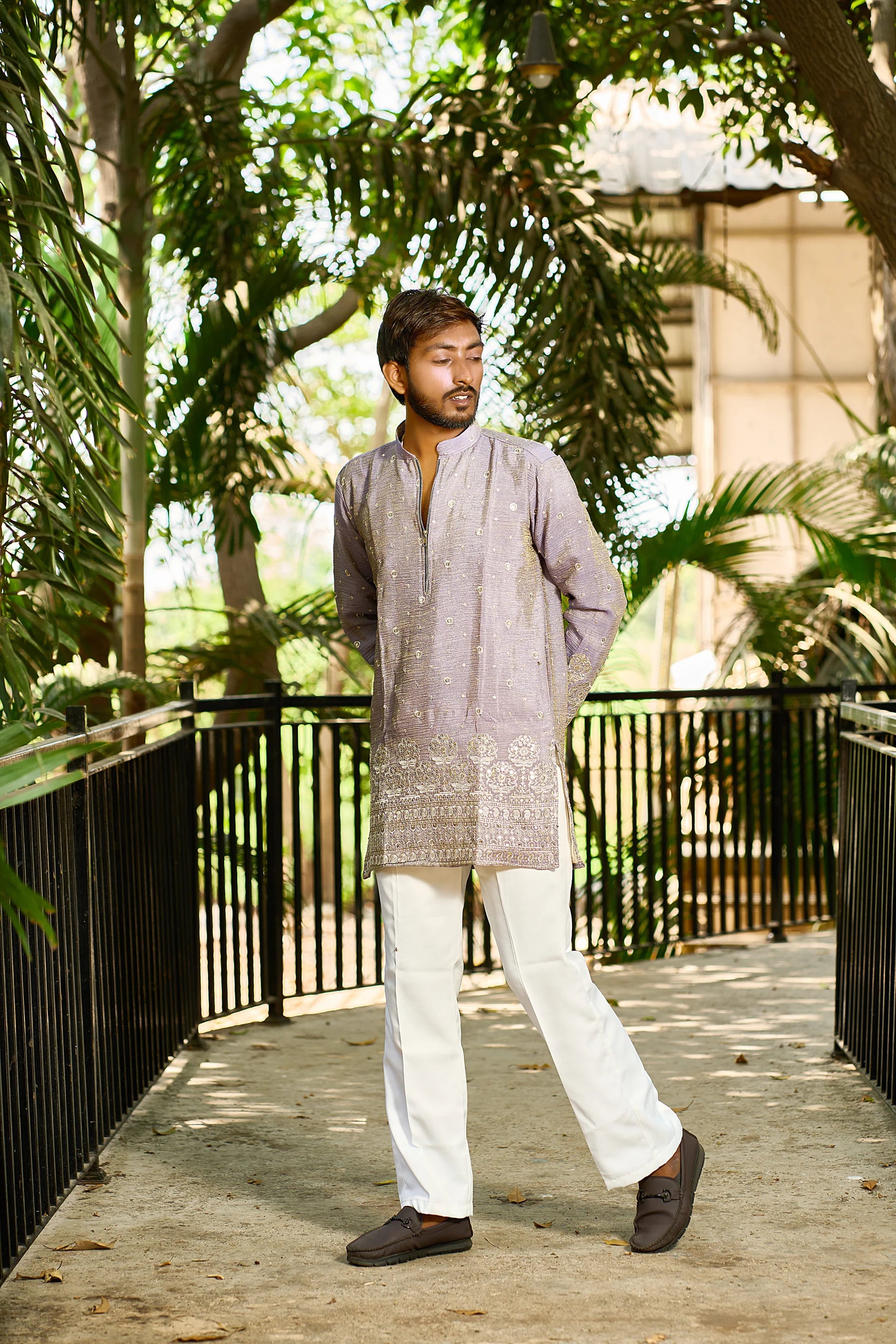 Purple Embroidered Zip Neck Kurta Pajama for Men