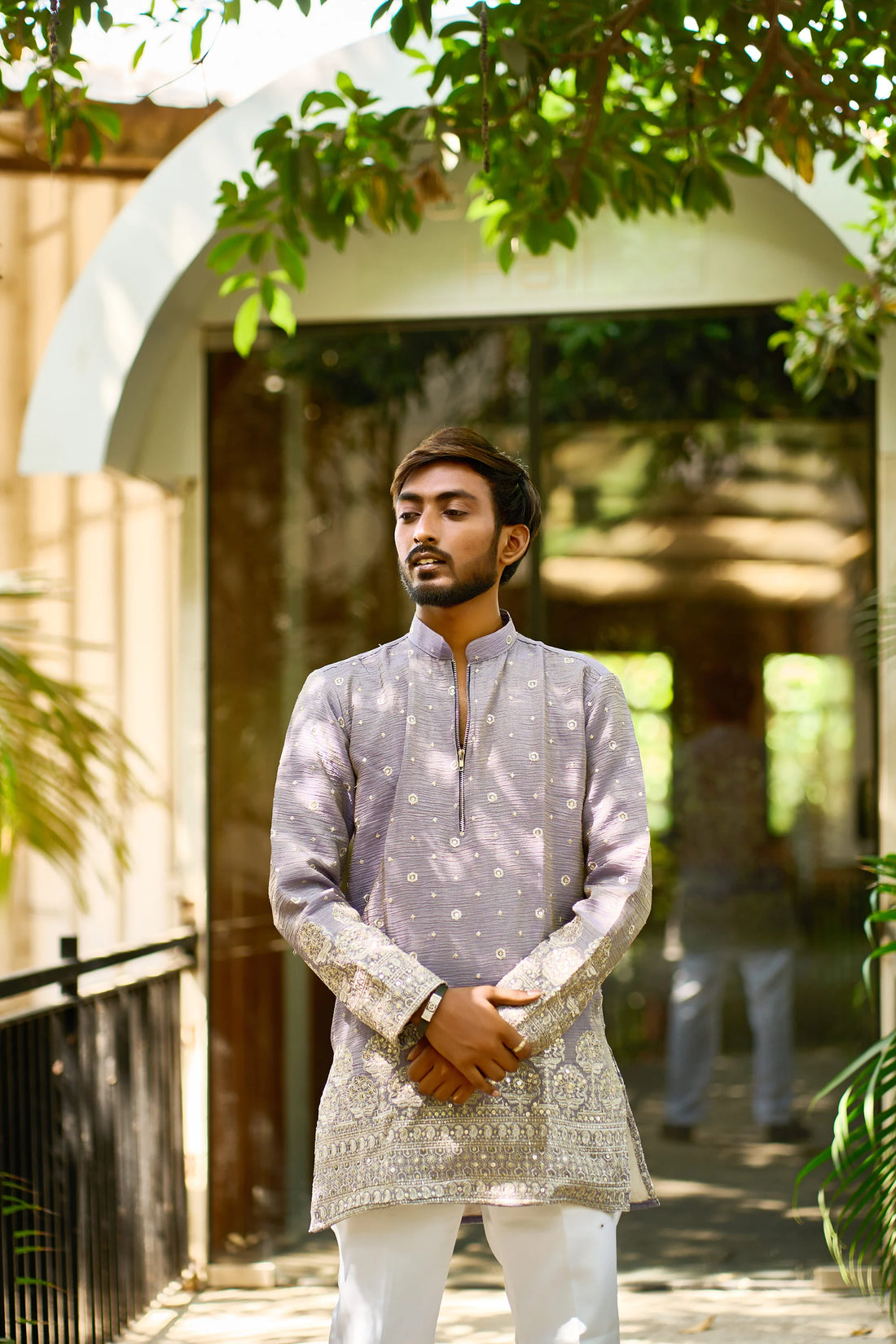 Purple Embroidered Zip Neck Kurta Pajama for Men