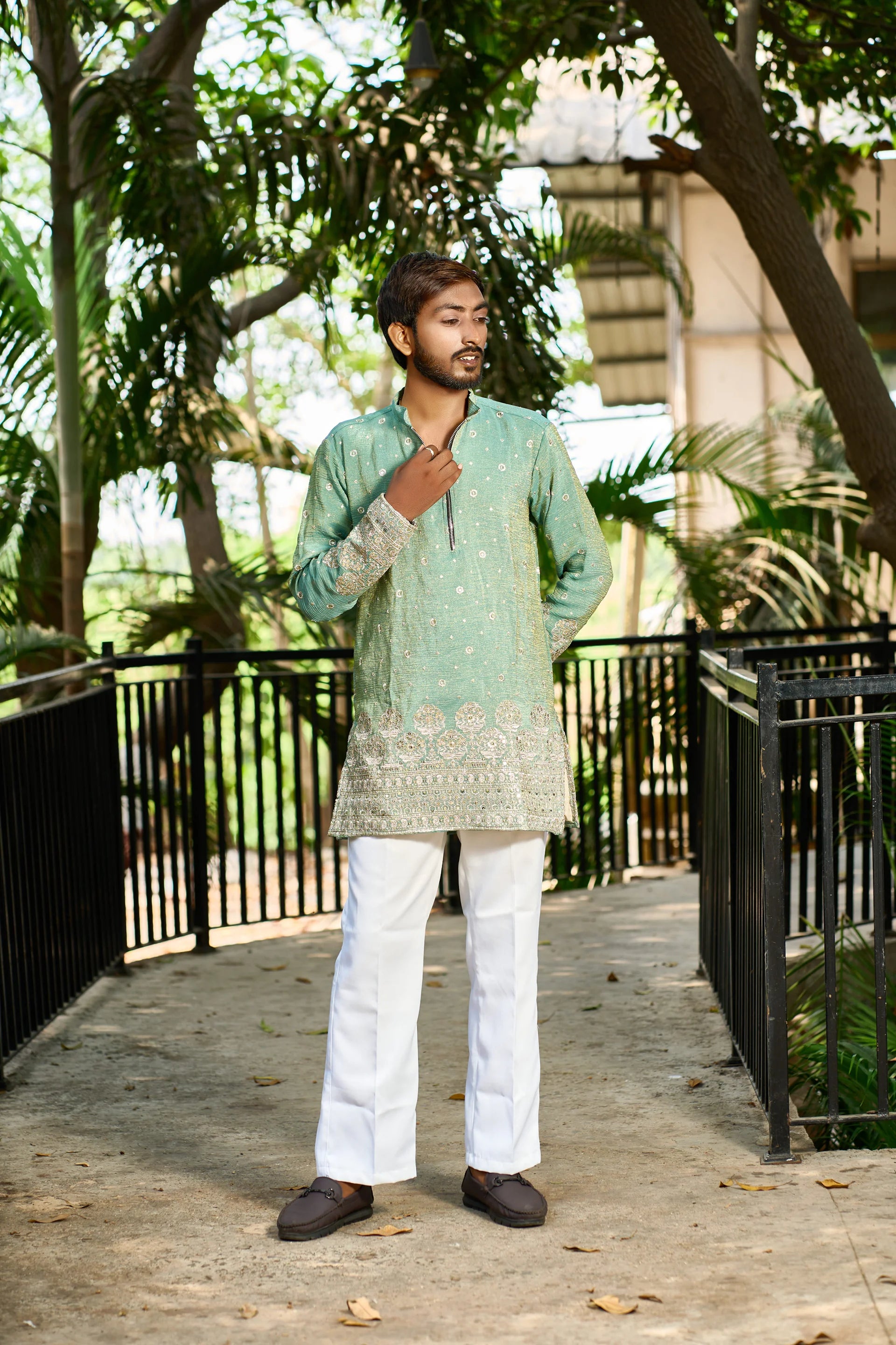 Men's Mint Green Embroidered Kurta Pajama for Wedding Wear