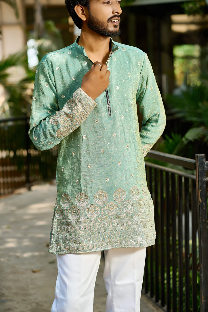 Men's Mint Green Embroidered Kurta Pajama for Wedding Wear
