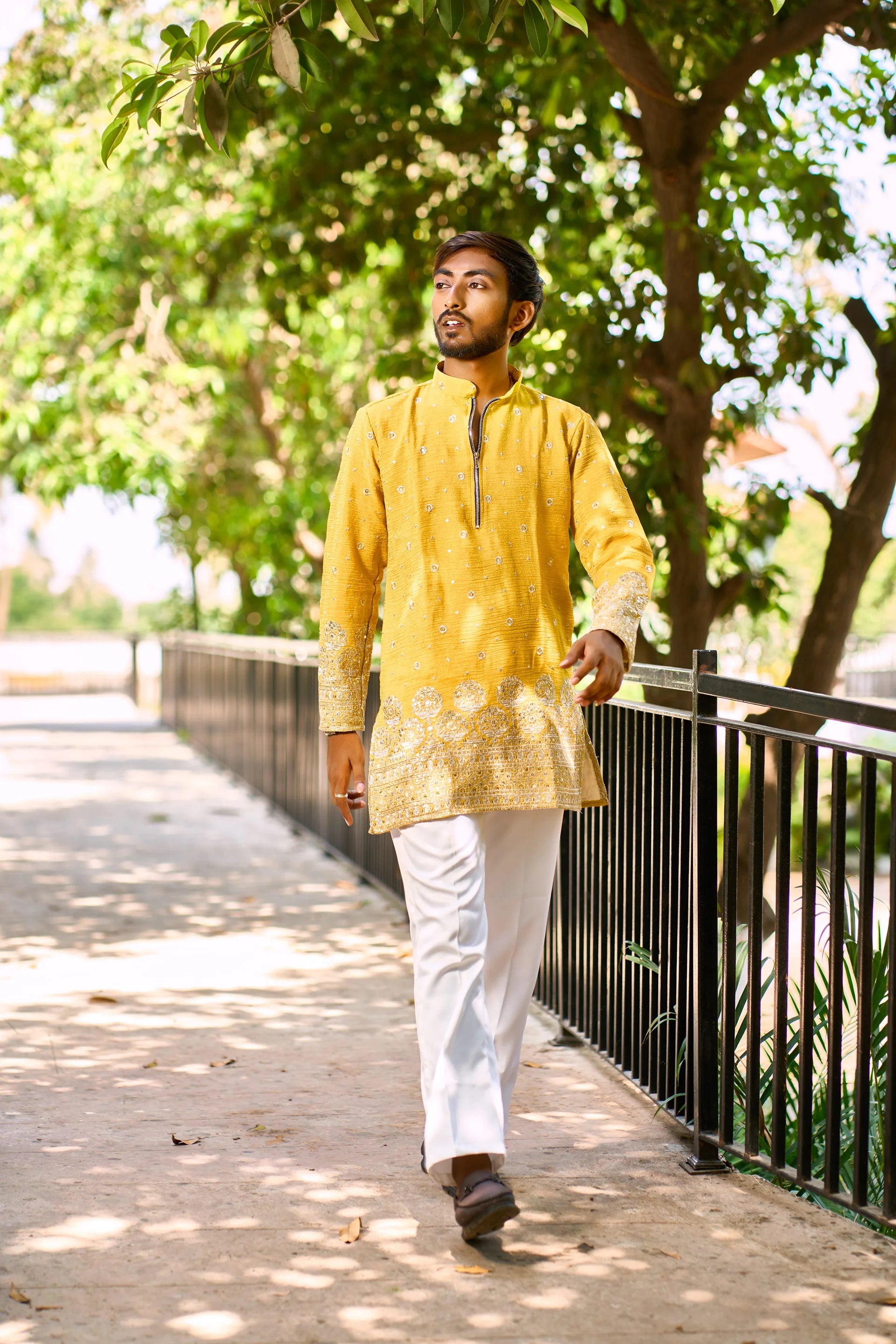 Mustard Yellow Embroidered Zip Neck Kurta Pajama for Men