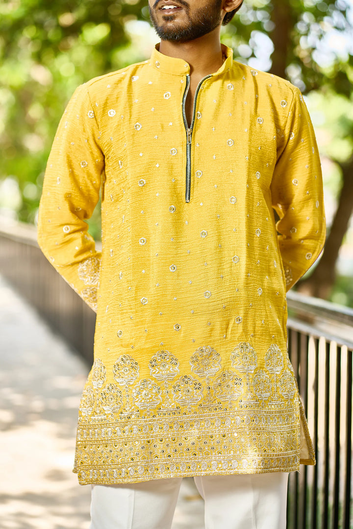 Mustard Yellow Embroidered Zip Neck Kurta Pajama for Men