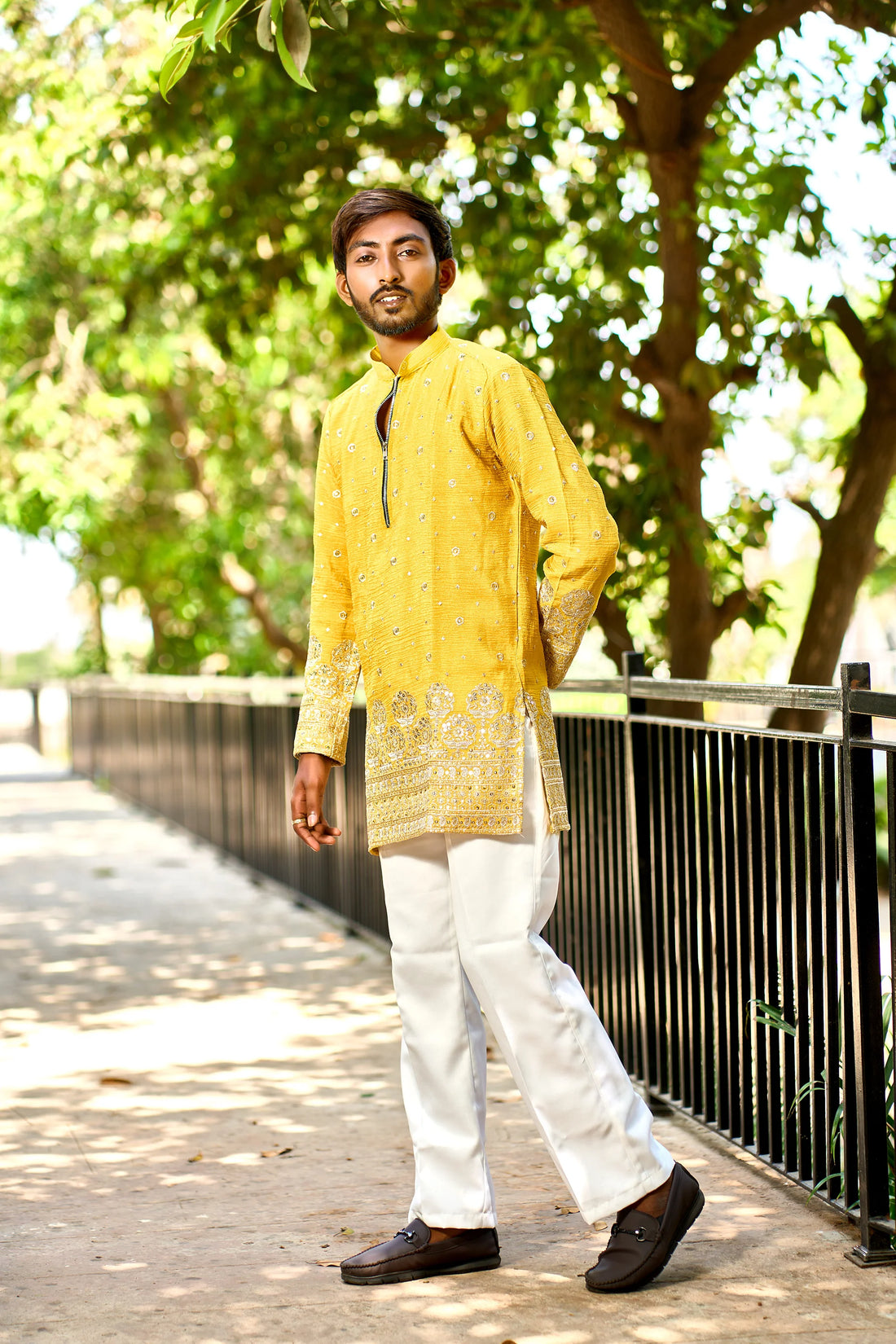 Mustard Yellow Embroidered Zip Neck Kurta Pajama for Men