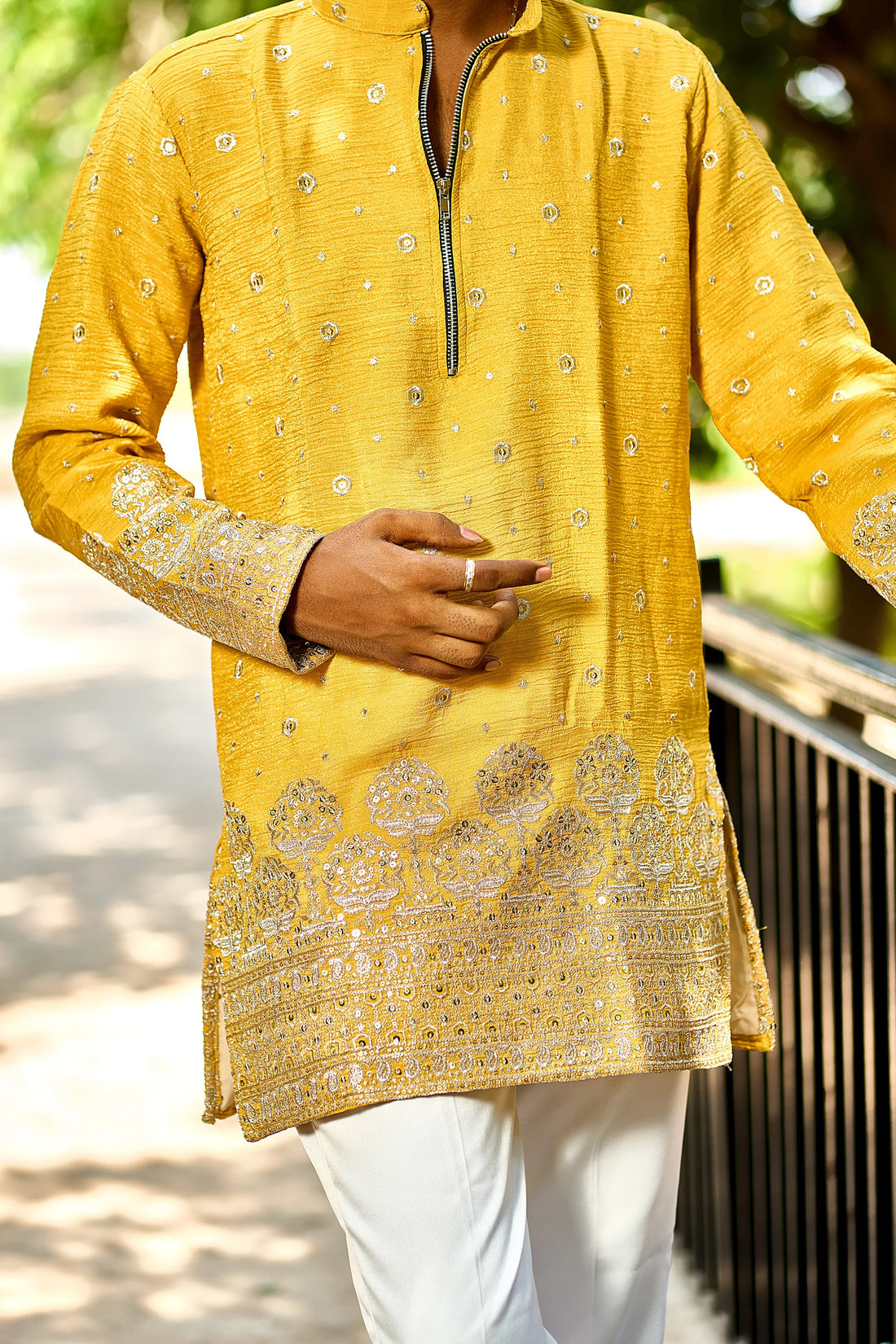 Mustard Yellow Embroidered Zip Neck Kurta Pajama for Men