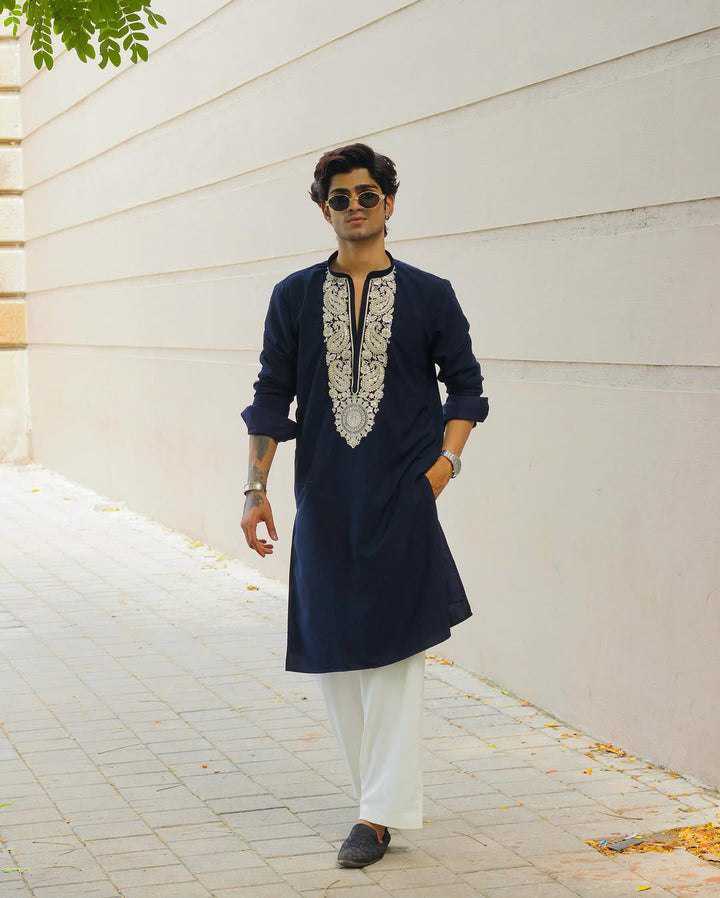 Men's BLUE kurta set with Sequins Embroidery