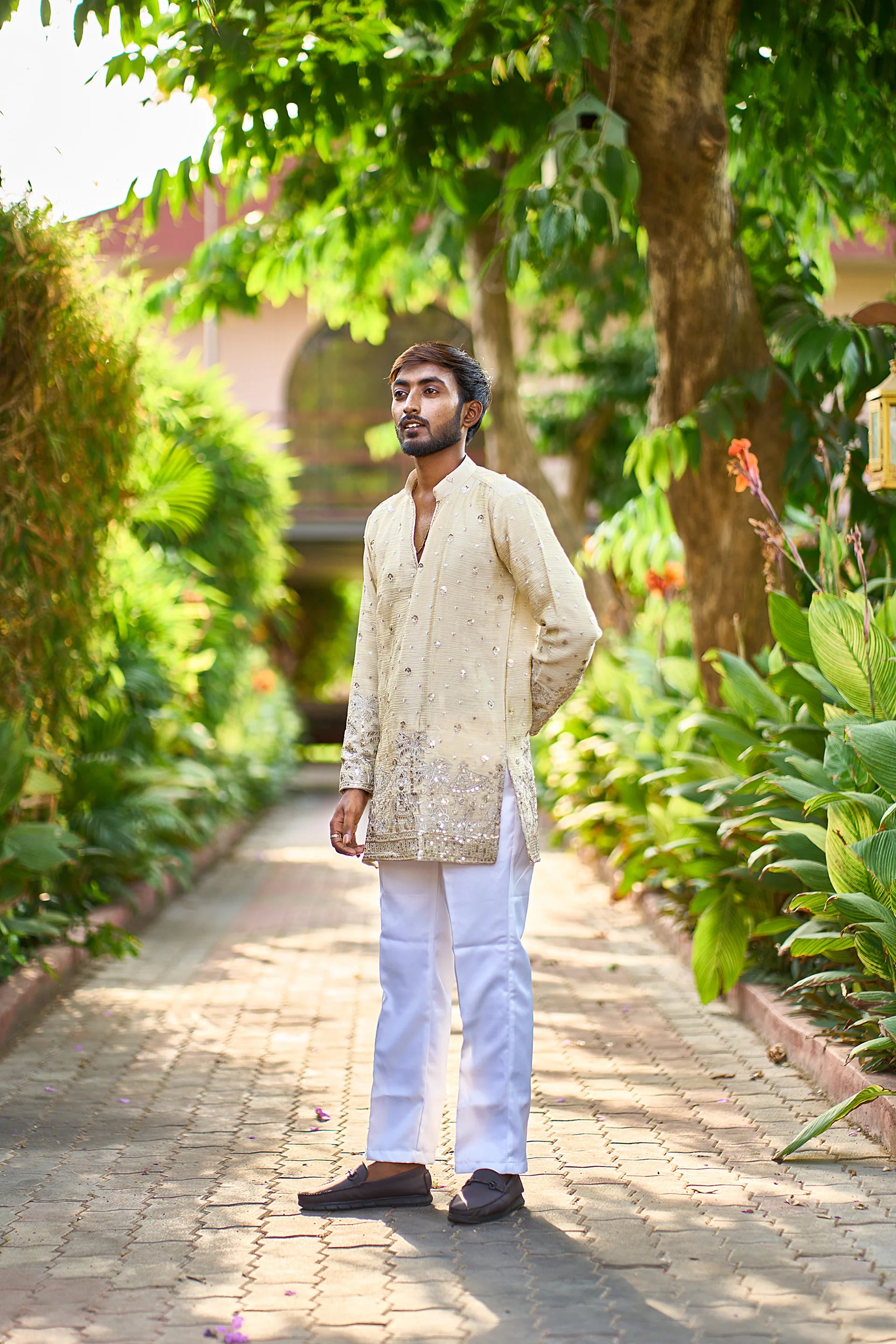 Men's Beige Embroidered Kurta Pajama for Wedding & Festive Wear