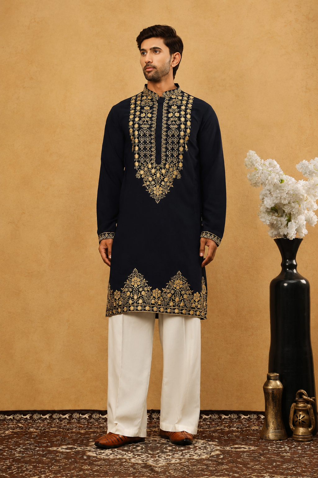 Men's Blue Kurta Set with V-Neck Thread Work Embroidery