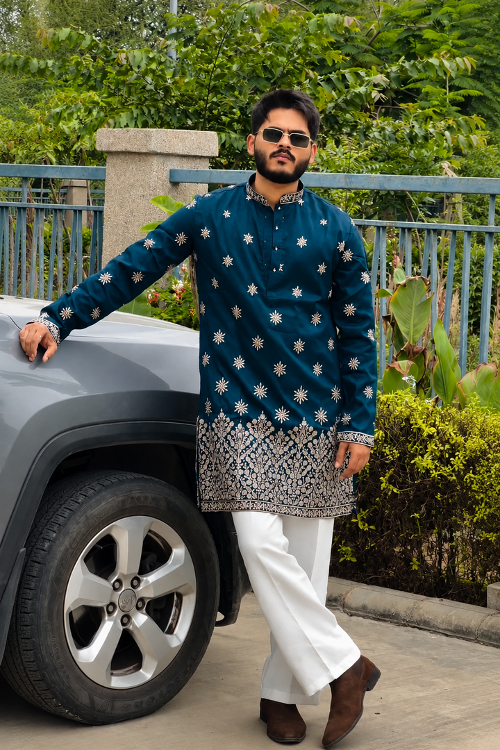 Men's Peacock Kurta Set with Embroidery Work