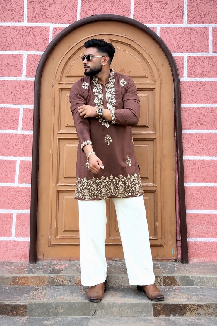 Men's Coffee kurta set with V-Neck Thread Work Embroidery