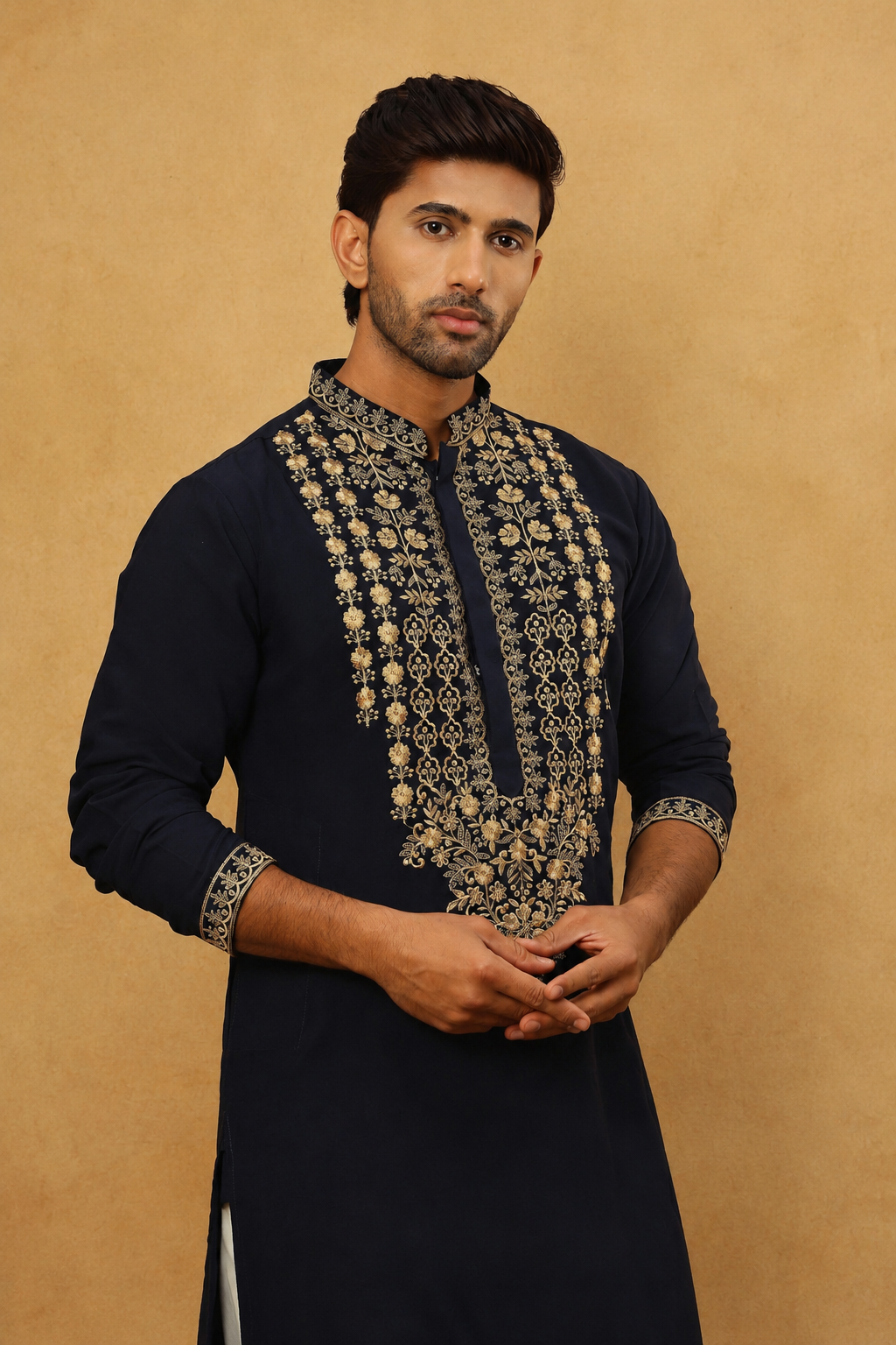 Men's Blue Kurta Set with V-Neck Thread Work Embroidery