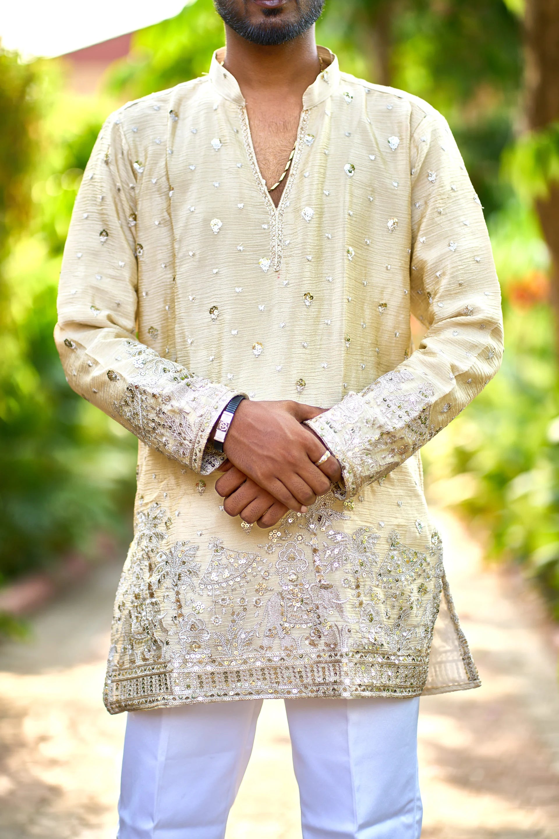 Men's Beige Embroidered Kurta Pajama for Wedding & Festive Wear