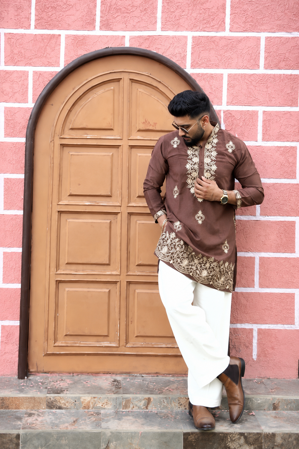 Men's Coffee kurta set with V-Neck Thread Work Embroidery