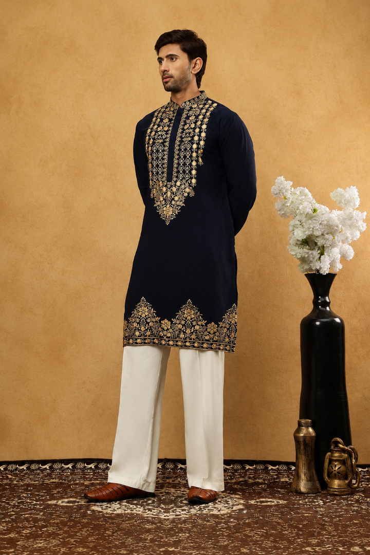Men's Blue Kurta Set with V-Neck Thread Work Embroidery