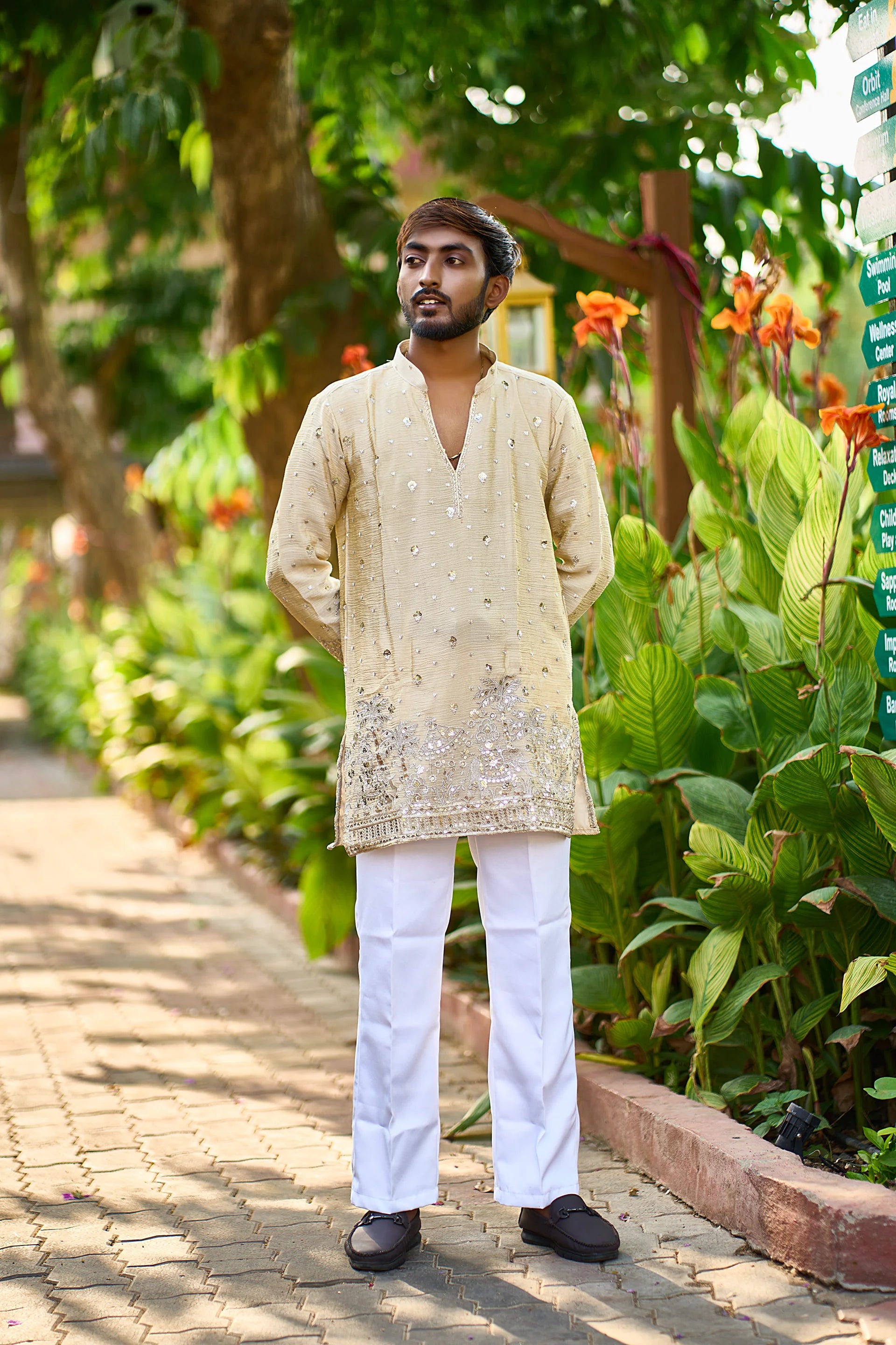 Men's Beige Embroidered Kurta Pajama for Wedding & Festive Wear