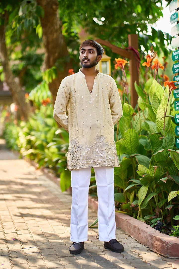 Men's Beige Embroidered Kurta Pajama for Wedding & Festive Wear