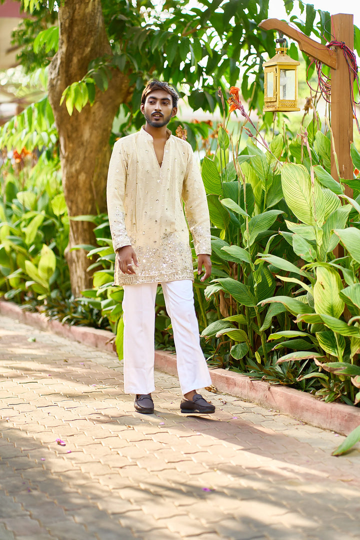 Men's Beige Embroidered Kurta Pajama for Wedding & Festive Wear
