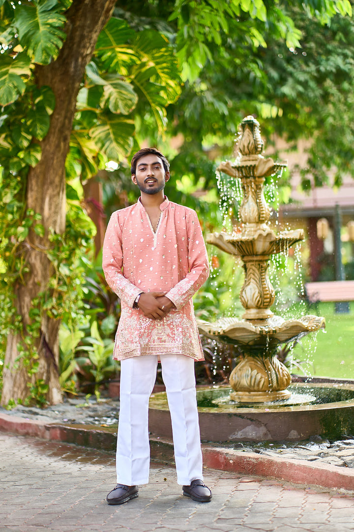 Peach Embroidered Kurta Pajama for Men | Wedding & Festive Wear