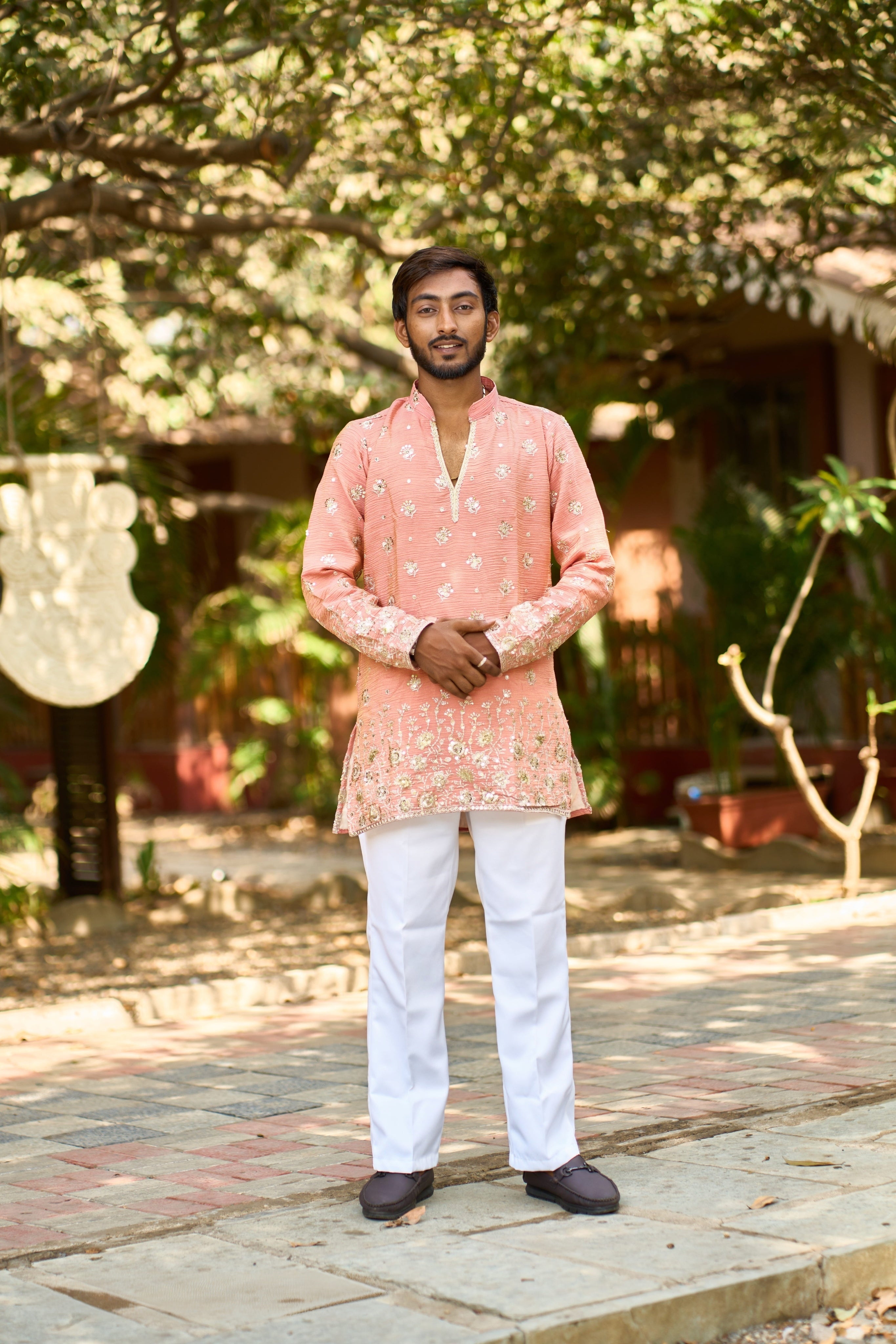 Men's Peach Embroidered Kurta Pajama for Wedding & Festive Wear