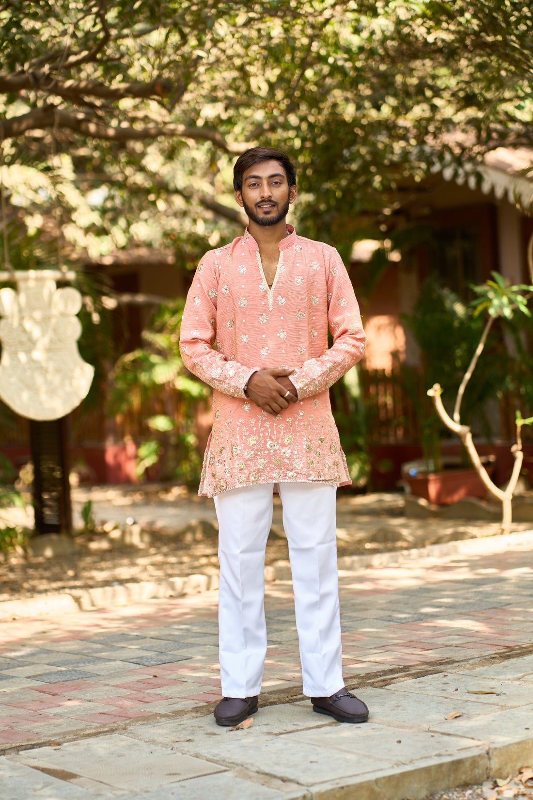Men's Peach Embroidered Kurta Pajama for Wedding & Festive Wear