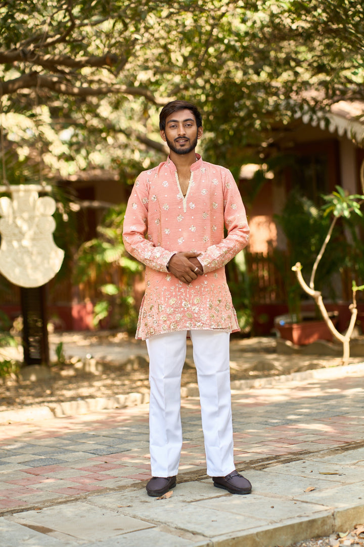 Men's Peach Embroidered Kurta Pajama for Wedding & Festive Wear