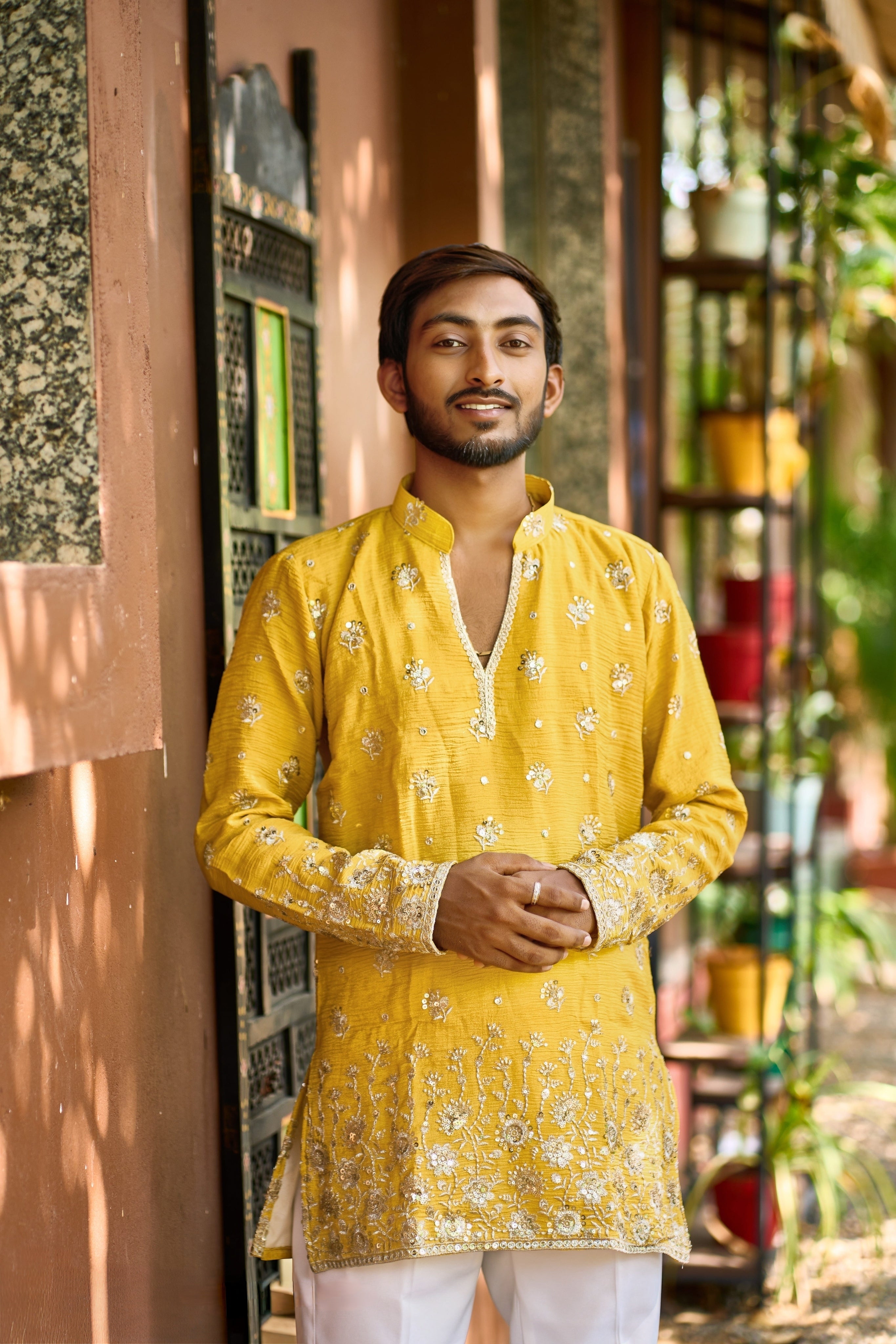 Mustard Yellow Embroidered Kurta Pajama for Men | Ethnic Wear