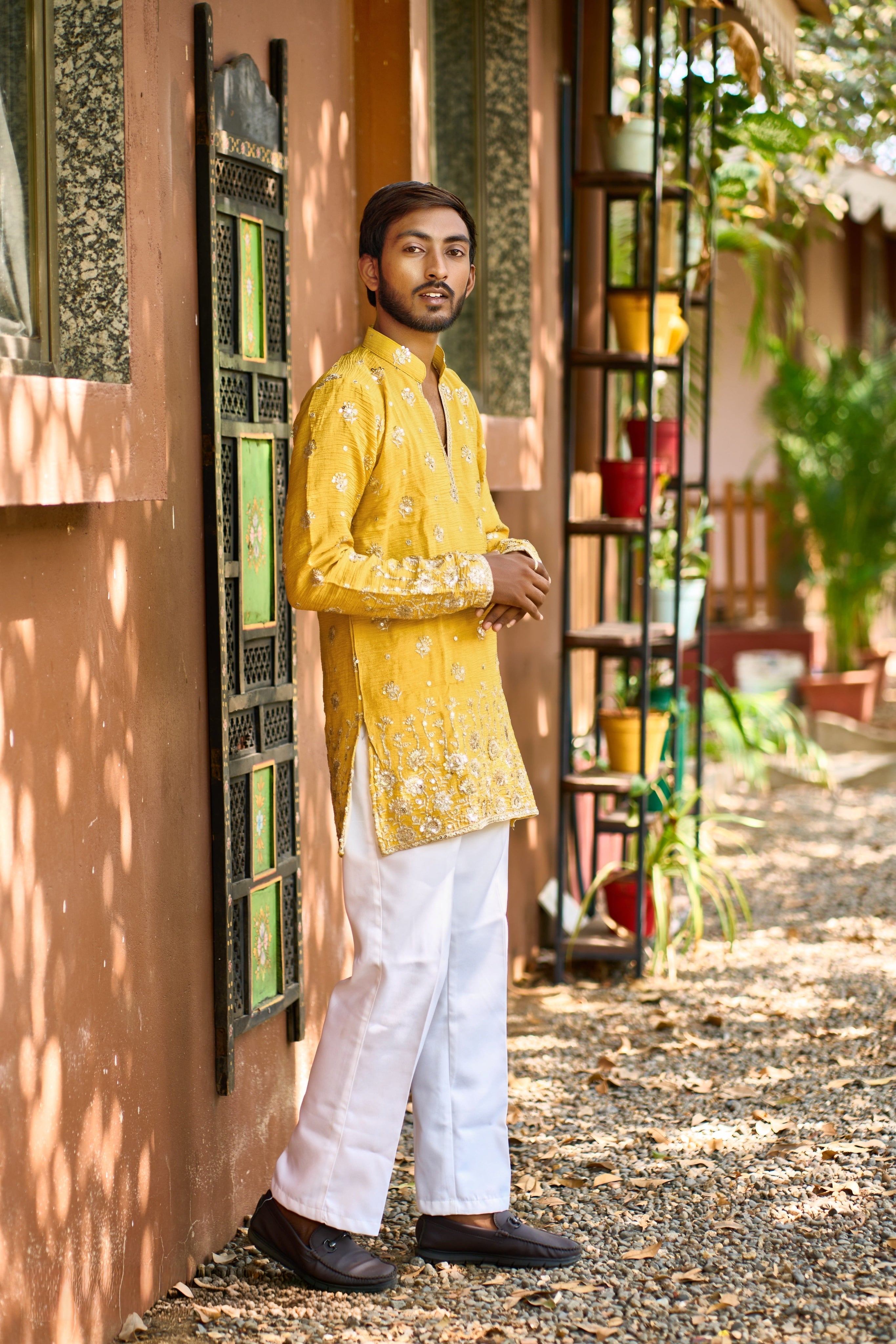 Mustard Yellow Embroidered Kurta Pajama for Men | Ethnic Wear