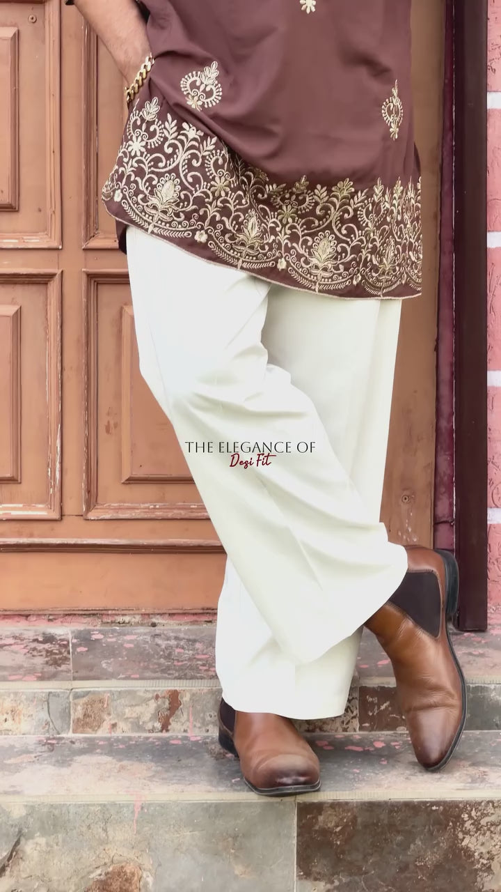 Men's Coffee kurta set with V-Neck Thread Work Embroidery